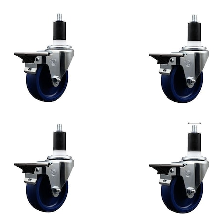 Service Caster 4'' Solid Poly Swivel 1-1/2'' Expanding Stem Caster Set with Brake, 4PK SCC-EX20S414-SPUS-PLB-112-4